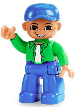 Duplo Figure Lego Ville, Male, Blue Legs, Bright Green Top with White Undershirt, Blue Cap (4558055)