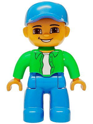 Duplo Figure Lego Ville, Male, Blue Legs, Bright Green Top with White Undershirt, Blue Cap (4558055)