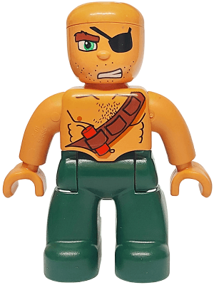Duplo Figure Lego Ville, Male Pirate, Dark Green Legs, Nougat Top with Strap and Dynamite, Bald Head, Eye Patch