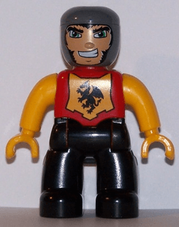 Duplo Figure Lego Ville, Male Castle, Black Legs, Red Chest with Dragon Emblem, Bright Light Orange Arms and Hands, Lefty Smile
