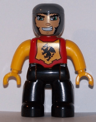 Duplo Figure Lego Ville, Male Castle, Black Legs, Red Chest with Dragon Emblem, Bright Light Orange Arms and Hands, Lefty Smile