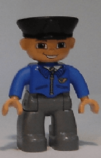 Duplo Figure Lego Ville, Male Post Office, Dark Bluish Gray Legs, Blue Jacket with Mail Horn, Black Police Hat, Smile with Teeth (4648961)
