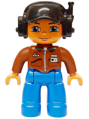 Duplo Figure Lego Ville, Male, Blue Legs, Brown Top with ID Badge, Black Cap with Headset