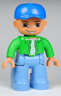 Duplo Figure Lego Ville, Male, Medium Blue Legs, Bright Green Top with White Undershirt, Blue Cap (4596029)