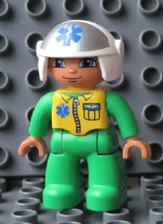 Duplo Figure Lego Ville, Male Medic, Bright Green Legs & Jumpsuit with Yellow Vest, White Helmet with EMT Star of Life Pattern