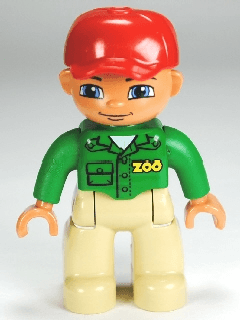 LEGO Duplo Figure Lego Ville Male Green Top with 'ZOO' on Front and Back Red Cap (47394pb145) Duplo Minifigure