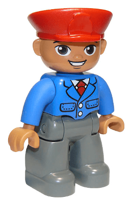 Duplo Figure Lego Ville, Male, Dark Bluish Gray Legs, Blue Jacket with Tie, Red Hat, Smile with Teeth (Train Conductor), Oval Eyes (6203758 / 6273392)