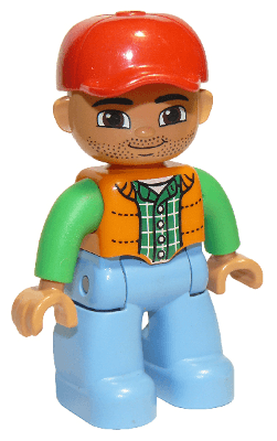LEGO Duplo Figure Lego Ville Male Orange Vest Dark Green Plaid Shirt Red Cap (47394pb166) Duplo Minifigure