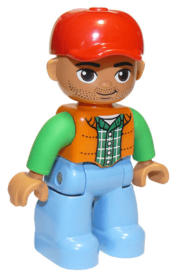 LEGO Duplo Figure Lego Ville Male Orange Vest Dark Green Plaid Shirt Red Cap Oval Eyes (47394pb166a) Duplo Minifigure