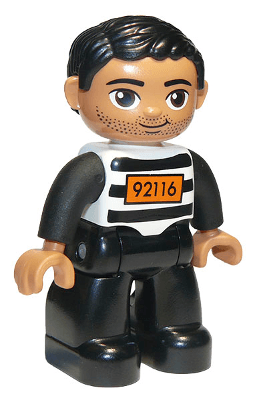 Duplo Figure Lego Ville, Male, Black Legs, Black and White Striped Top with Number 92116, Black Hair (Prisoner), Oval Eyes