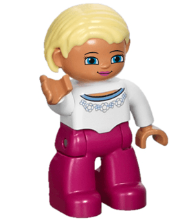 LEGO Duplo Figure Lego Ville Female Magenta Legs White Sweater with Blue Pattern Bright Light Y (47394pb170) Duplo Minifigure