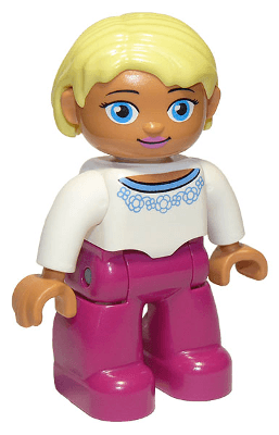 LEGO Duplo Figure Lego Ville Female Magenta Legs White Sweater with Blue Pattern Bright Light (47394pb170a) Duplo Minifigure