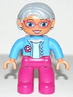 LEGO Duplo Figure Lego Ville Female Magenta Legs Medium Blue Top with Flower Light Bluish Gray (47394pb173) Duplo Minifigure