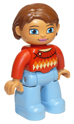 LEGO Duplo Figure Lego Ville Female Red Sweater with Diamond Pattern Reddish Brown Hair (47394pb180) Duplo Minifigure