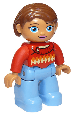 Duplo Figure Lego Ville, Female, Medium Blue Legs, Red Sweater with Diamond Pattern, Reddish Brown Hair, Blue Oval Eyes