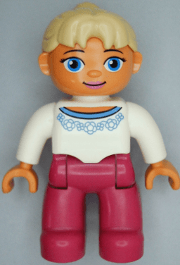 Duplo Figure Lego Ville, Female, Magenta Legs, White Sweater with Blue Flowers Pattern, Tan Ponytail Hair, Blue Eyes, Oval Eyes