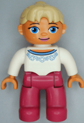 Duplo Figure Lego Ville, Female, Magenta Legs, White Sweater with Blue Flowers Pattern, Tan Ponytail Hair, Blue Eyes, Oval Eyes