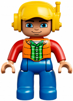 Duplo Figure Lego Ville, Male, Blue Legs, Orange Vest, Dark Green Plaid Shirt, Red Arms, Yellow Cap with Headset