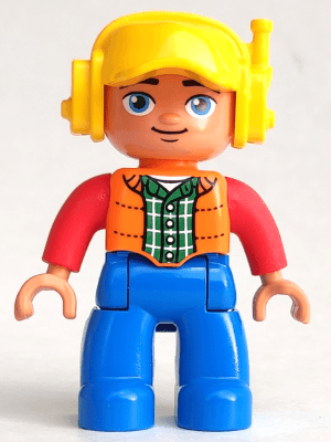 LEGO Duplo Figure Lego Ville Male Orange Vest Dark Green Plaid Shirt Yellow Cap with Headset O (47394pb231a) Duplo Minifigure