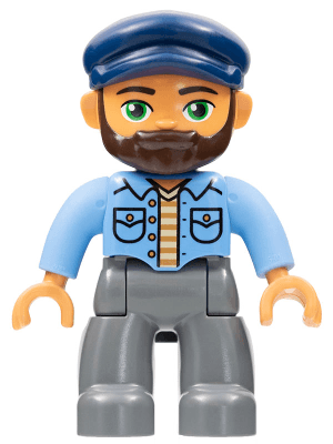 Duplo Figure Lego Ville, Male, Dark Bluish Gray Legs, Medium Blue Shirt, Dark Blue Cap, Beard
