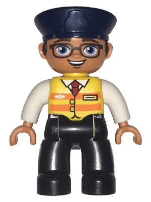 LEGO Duplo Figure Lego Ville Male White Shirt Yellow Safety Vest with Train Logo Dark Blue Hat (47394pb254) Duplo Minifigure