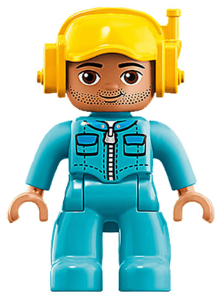 Duplo Figure Lego Ville, Male, Medium Azure Legs, Medium Azure Jacket with Zipper and Pockets, Yellow Cap with Headset