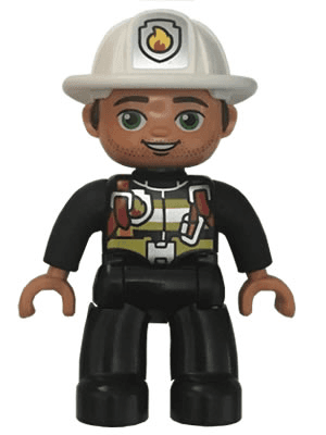 LEGO Duplo Figure Lego Ville Male Fireman Striped Jacket with Red Safety Harness Stubble (47394pb265) Duplo Minifigure