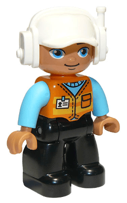 LEGO Duplo Figure Lego Ville Male Orange Vest with Badge and Pocket Medium Azure Arms White Cap (47394pb288) Duplo Minifigure