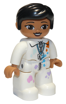 LEGO Duplo Figure Lego Ville Female ID Badge and Paint Splotches Black Knot Bun Hair (47394pb292) Duplo Minifigure