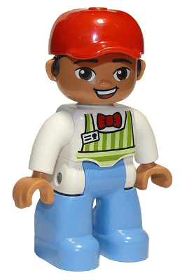 LEGO Duplo Figure Lego Ville Male Lime Striped Apron Red Bow Tie Dark Brown Hair Red Cap (47394pb294) Duplo Minifigure