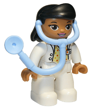 LEGO Duplo Figure Lego Ville Female Medic White Top with ID Badge Black Hair Attached Stethosco (47394pb299) Duplo Minifigure