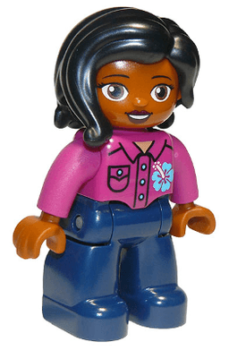Duplo Figure Lego Ville, Female, Dark Blue Legs, Magenta Shirt with Flower, Black Hair (6296662)