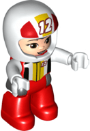 Duplo Figure Lego Ville, Female, Red Legs, White Race Top and Helmet with Number 12 Pattern (6345401)