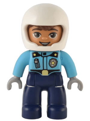 Duplo Figure Lego Ville, Male Police, Dark Blue Legs, Medium Azure Top with Badge and Zipper, White Helmet (6374643)