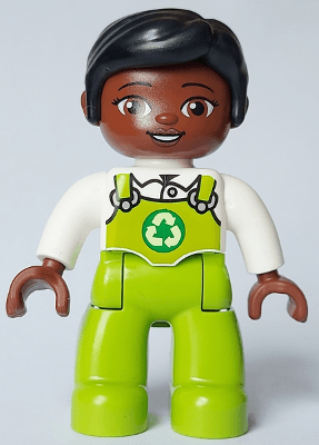 LEGO Duplo Figure Lego Ville Female Lime Legs with Overalls and Recycling Logo Black Hair (47394pb351) Duplo Minifigure