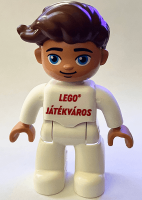 Duplo Figure Lego Ville, Male, White Legs and Top with 'LEGO JÁTÉKVÁROS', Reddish Brown Hair, LEGO Logo on Back - LEGO Játékváros 2024 Exclusive (Jatekvaros)
