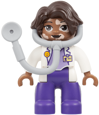 Duplo Figure Lego Ville, Female Medic, Dark Purple Legs, White Top with ID Badge Pattern, White Arms, Dark Brown Hair, Attached Stethoscope, Vitiligo (6533434 / 6548219)