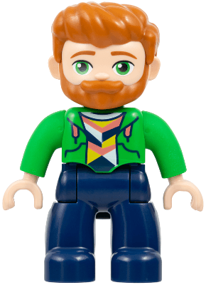 Duplo Figure Lego Ville, Male, Dark Blue Legs, Bright Green Hoodie over Coral, White and Yellow Shirt, Dark Orange Hair and Beard (6534760 / 6566997)
