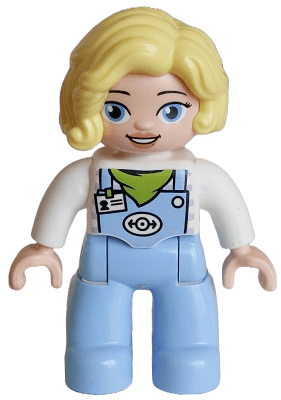 Duplo Figure Lego Ville, Female Train Driver, Bright Light Blue Legs with Overalls with Name Tag, Train Logo, Lime Scarf Pattern, Bright Light Yellow Hair (6488901 / 6569837)