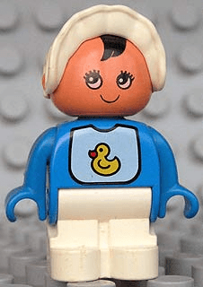 Duplo Figure, Child Type 1 Baby, White Legs, Bib with Duck Pattern, White Bonnet