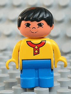 LEGO Duplo Figure Child Type 1 Boy Yellow Top with Buttons and Red Collar Black Hair Grin (4943pb004) Duplo Minifigure
