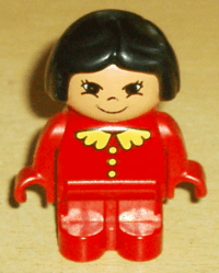 LEGO Duplo Figure Child Type 1 Girl Red Top with Yellow Buttons and Collar Black Hair Eyelashes (4943pb007) Duplo Minifigure