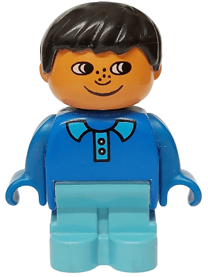 Duplo Figure, Child Type 1 Boy, Maersk Blue Legs, Blue Top with Collar and 2 Buttons, Black Hair