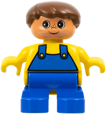 Duplo Figure - Male, Child Boy, Blue Legs, Yellow Top with Overalls Pattern, Brown Hair, Nougat Head (75487)