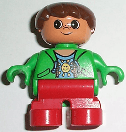 Duplo Figure, Child Type 2 Boy, Red Legs, Green Top with Sun Pattern Shirt, Brown Hair