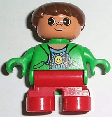 Duplo Figure, Child Type 2 Boy, Red Legs, Green Top with Sun Pattern Shirt, Brown Hair