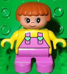LEGO Duplo Figure Child Type 2 Girl Dark Pink Legs Yellow Top with Dark Pink Overalls and Hearts (6453pb022) Duplo Minifigure