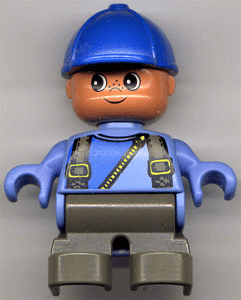 Duplo Figure, Child Type 2 Boy, Dark Gray Legs, Suspenders with Yellow Zipper, Blue Cap