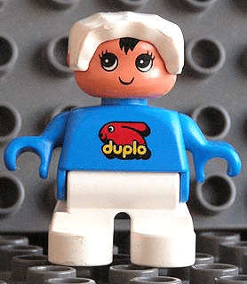 Duplo Figure, Child Type 2 Baby, White Legs, Blue Top with Duplo Bunny Logo, White Bonnet