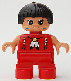 Duplo Figure, Child Type 2 Girl, Red Legs, Red Top with Feather Necklace, Black Hair with Feather (Native American)
